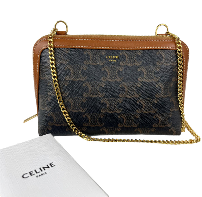 Celine clutch on chain in triomphe canvas and lambskin