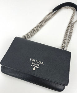 Prada sliding chain saffiano and soft leather shoulder bag