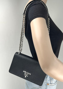 Prada sliding chain saffiano and soft leather shoulder bag