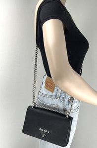 Prada sliding chain saffiano and soft leather shoulder bag