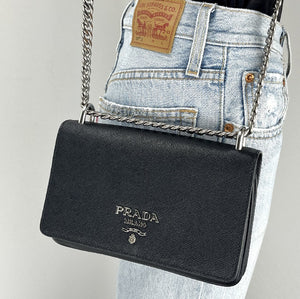 Prada sliding chain saffiano and soft leather shoulder bag