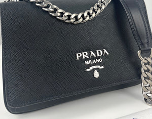 Prada sliding chain saffiano and soft leather shoulder bag