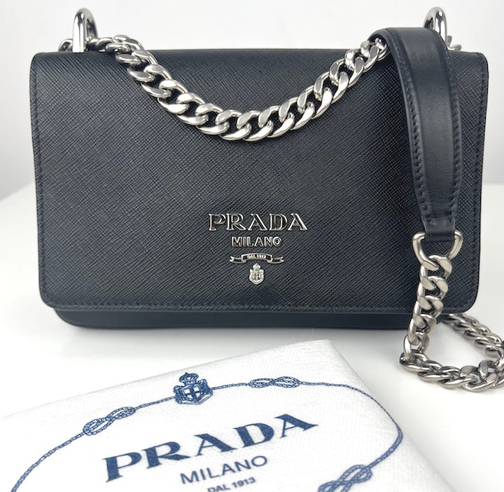 Prada sliding chain saffiano and soft leather shoulder bag