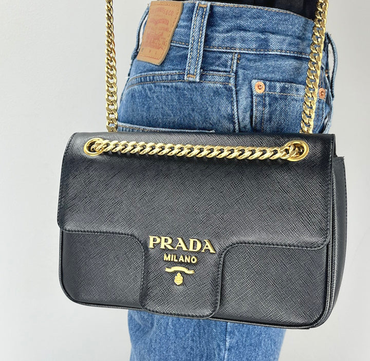 Prada saffiano pattina flap black chain bag – Lady Clara's Collection
