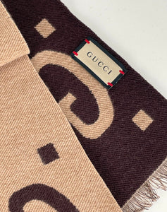 Gucci brown /beige GG jacquard wool silk scarf