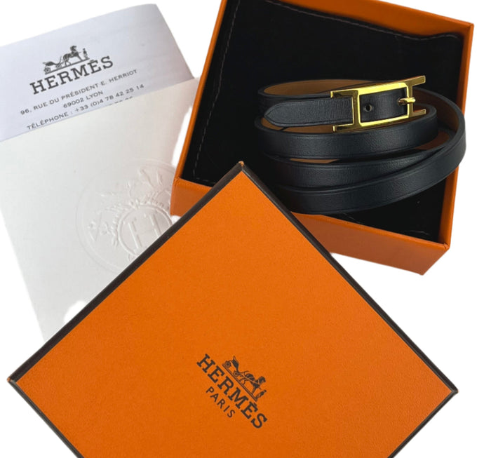 Hermes behapi double tour bracelet black/tan reversible