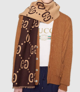 Gucci brown /beige GG jacquard wool silk scarf