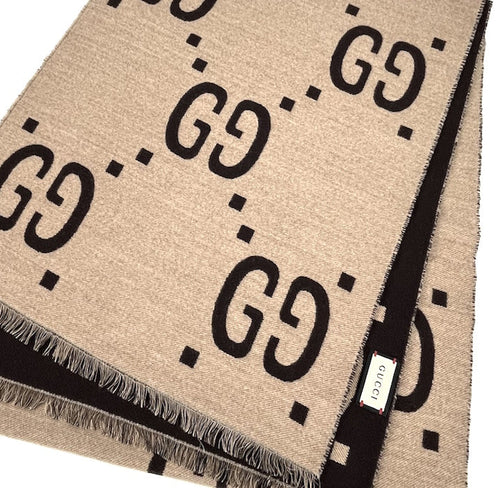 Gucci brown /beige GG jacquard wool silk scarf