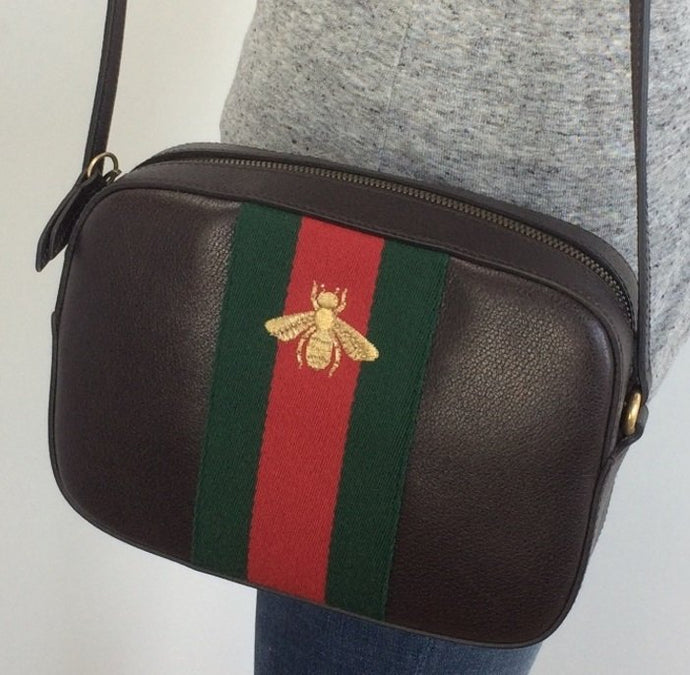 GUCCI  bee embroidered GG leather crossbody bag