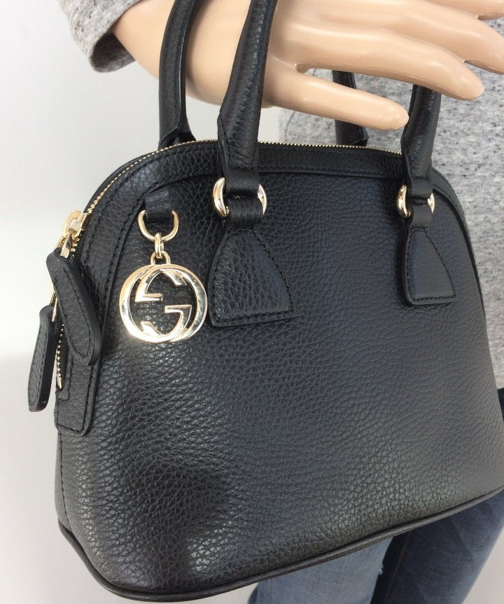 GUCCI Dome Large GG Charm Pebbled Leather Satchel Bag Black 449660