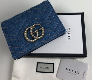 Gucci marmont denim matelasse GG pearl card case wallet