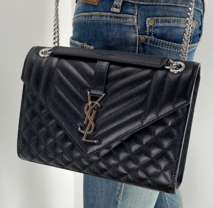 Ysl Envelope Medium Black ENVELOPE MEDIUM IN QUILTED GRAIN DE