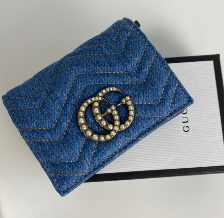 Gucci marmont denim matelasse GG pearl card case wallet