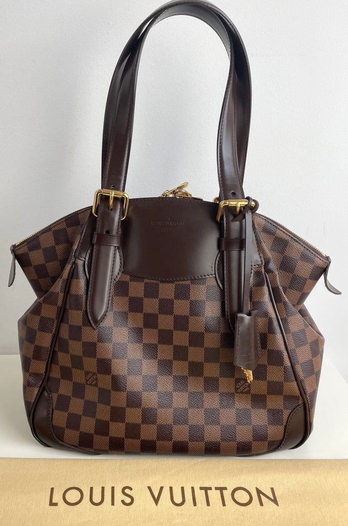 RvceShops Revival, Louis Vuitton Verona medium model handbag in brown  damier canvas and brown leather