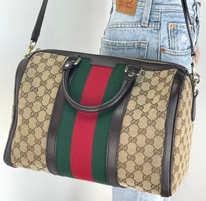 GUCCI VINTAGE WEB ORIGINAL GG CANVAS BEIGE/EBONY BOSTON BAG