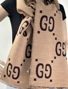 Gucci brown /beige GG jacquard wool silk scarf