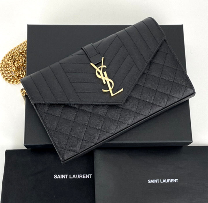 Saint Laurent Envelope Chain Wallet In Grain De Poudre Embossed Leather