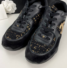 Load image into Gallery viewer, CHANEL black tweed CC gold logo sneakers Size EU38