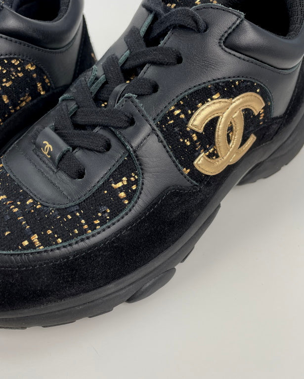 Tweed Chanel Sneakers Black And Gold CHANEL Black Tweed CC Gold
